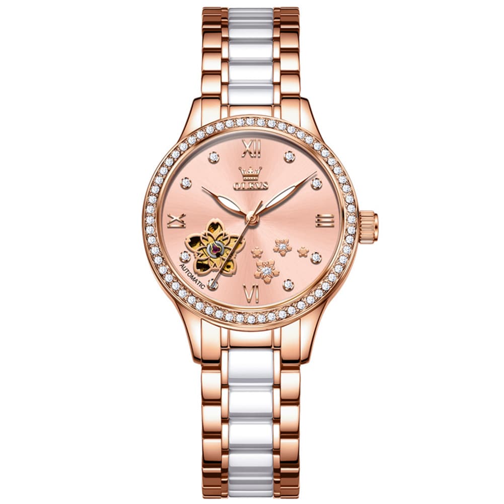 OLEVS 7074 Ceramic Open Heart Automatic Watch For Women