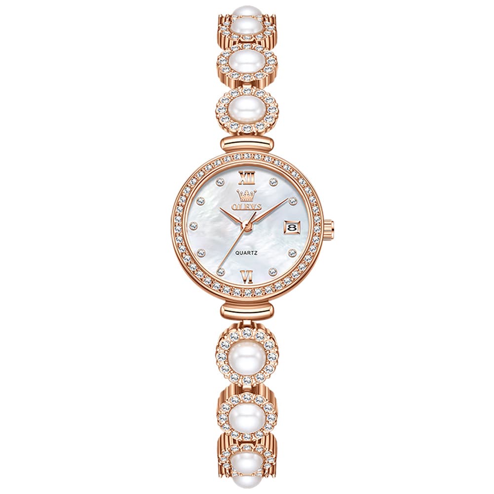 OLEVS Women Pearl Bracelet Watch Diamond Mother of Pearl Date Quartz 5635