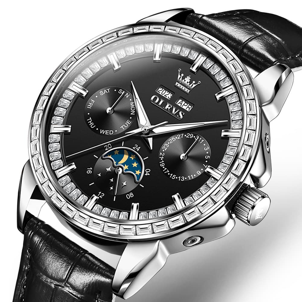 OLEVS 6695P Baguette Diamond Leather Mechanical Watch for Men