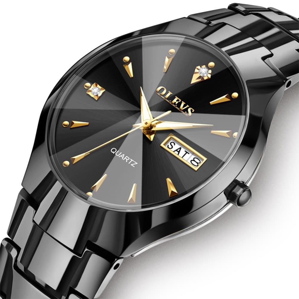 OLEVS Tungsten Steel Ultra Thin Day Date Couple Watch 8697 for Men and Women
