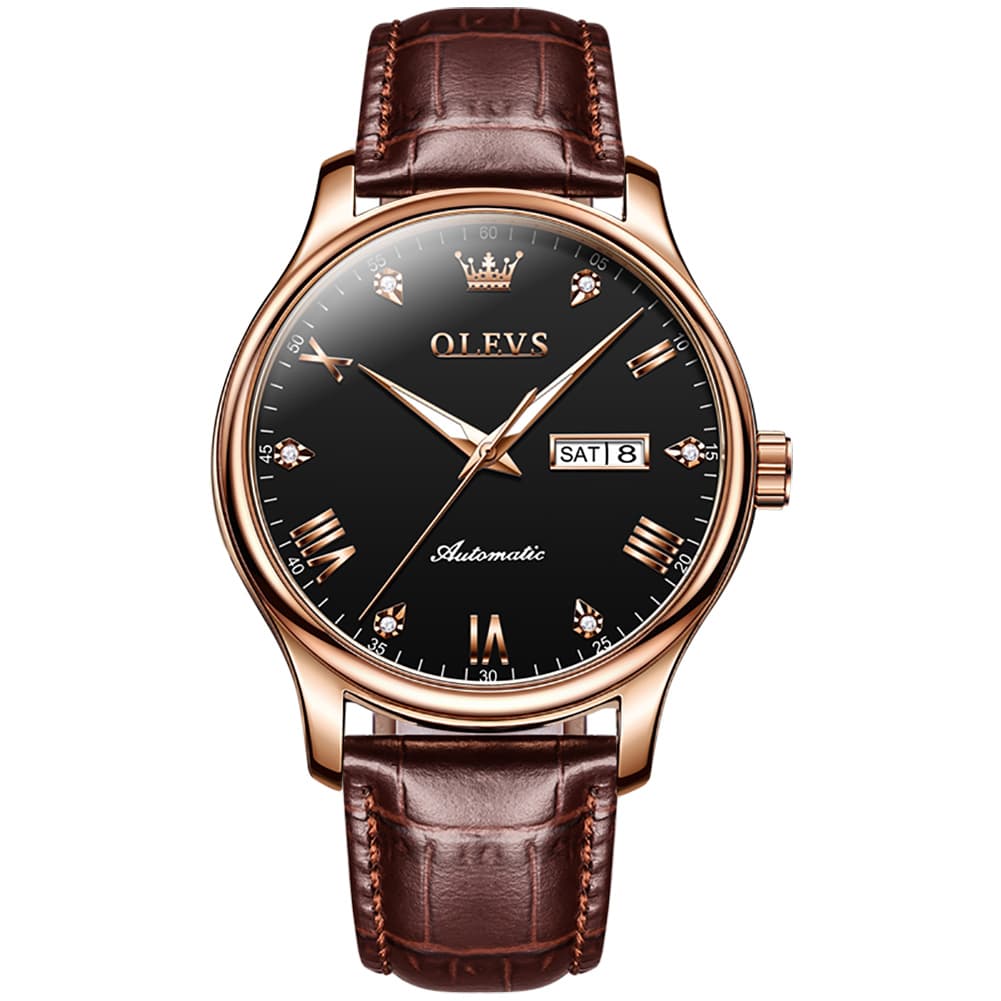 OLEVS Couple Watches Diamond Dial Automatic Mechanical Watch 9932 Leather Strap for His and Hers