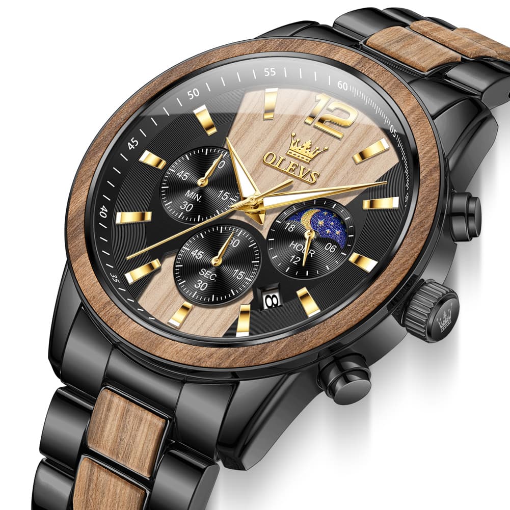OLEVS 3645 Solid Wood & Steel Chronograph Quartz Watch for Men
