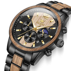 OLEVS 3645 Solid Wood & Steel Chronograph Quartz Watch for Men