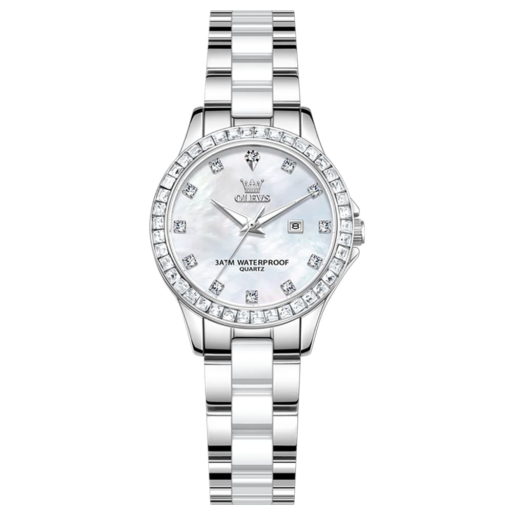 OLEVS 3651 Mother of Pearl Ceramic Crystal Diamond Watch For Women