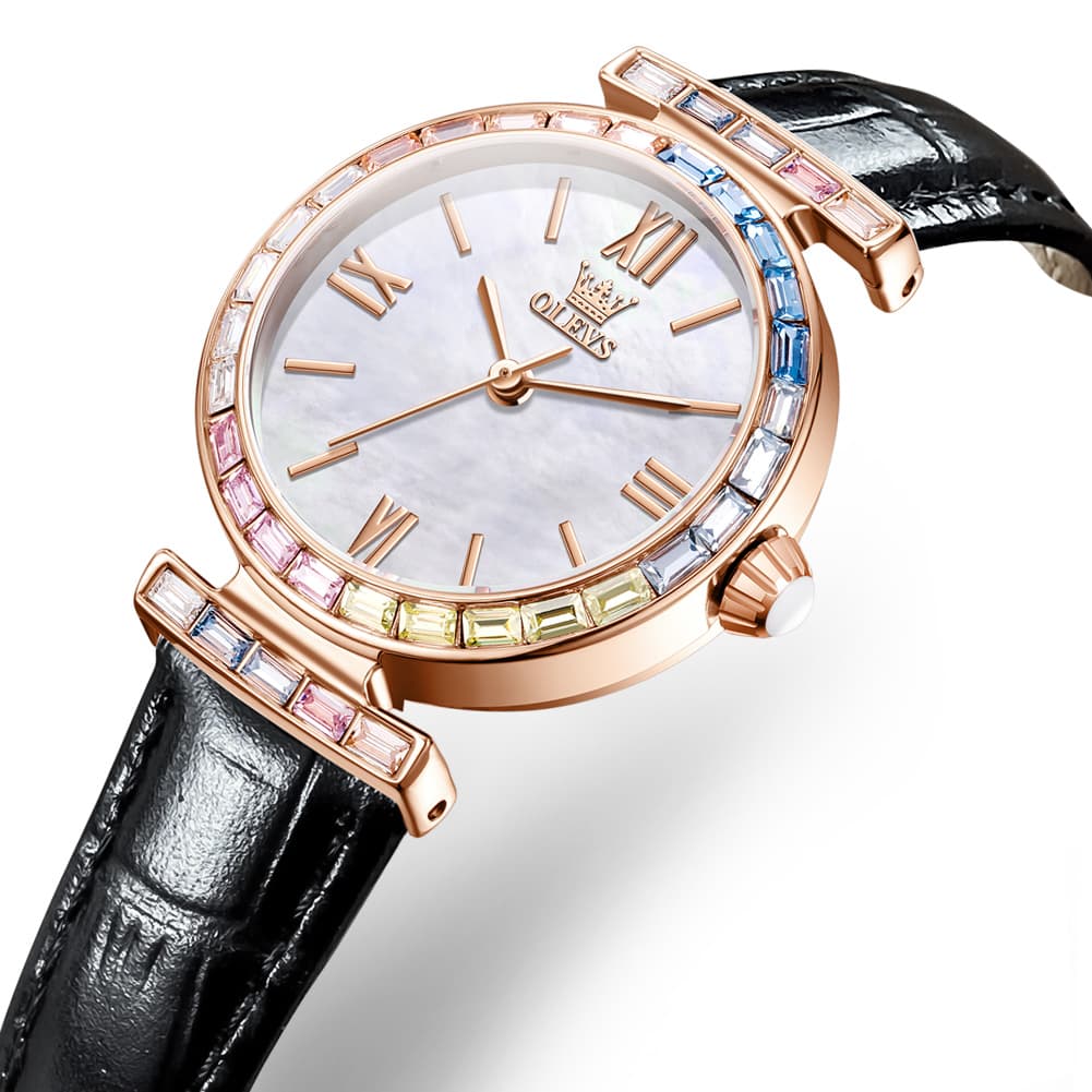 OLEVS 9007 Rainbow Bezel Mother of Pearl Leather Quartz Watch for Women