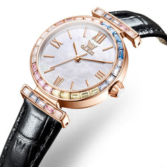 OLEVS 9007 Rainbow Bezel Mother of Pearl Leather Quartz Watch for Women