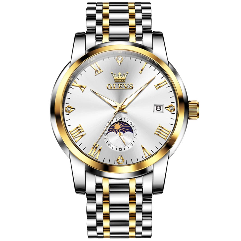 OLEVS 3656 Minimalist Moon Phase Roman Dial Stainless Steel Watch For Men
