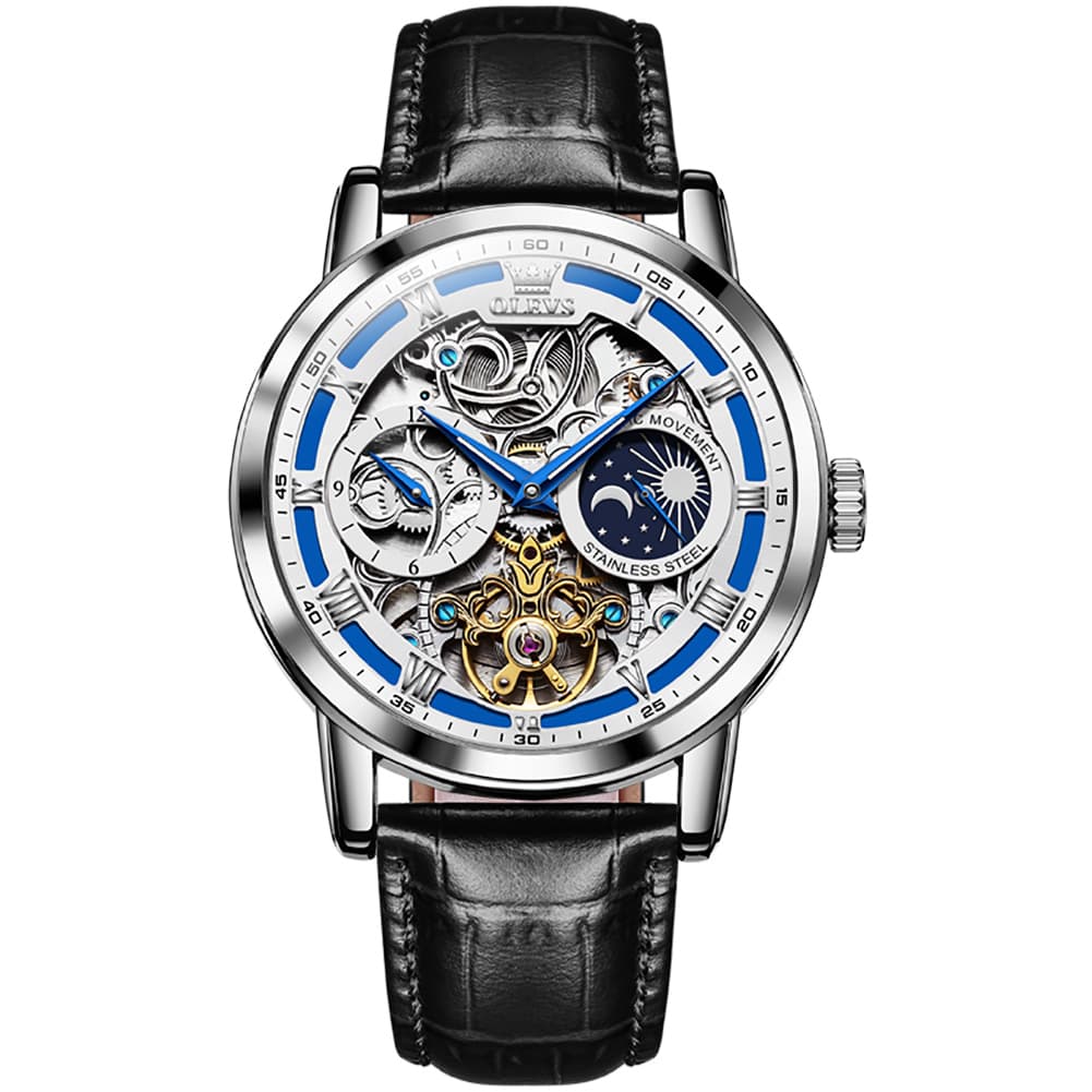 OLEVS 6670P Leather Skeleton Moon Phase Watch for Men