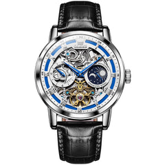 OLEVS 6670P Leather Skeleton Moon Phase Watch for Men