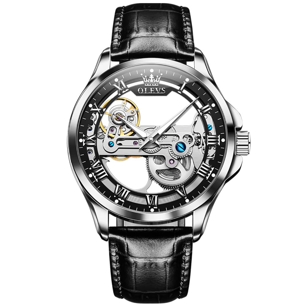 OLEVS 6661 Leather Skeleton Mechanical Watch for Men