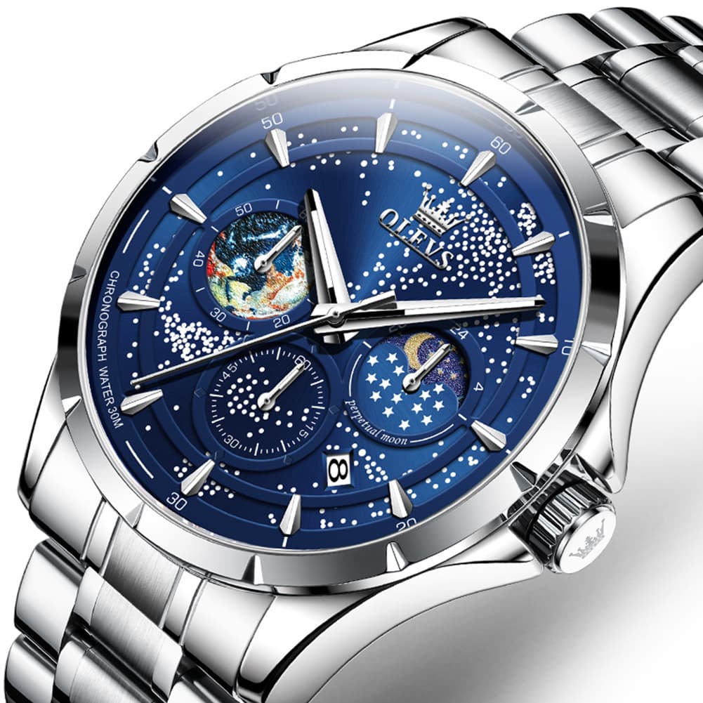 OLEVS Starry Sky Moon Phase Watch for Men Stainless Steel 5538