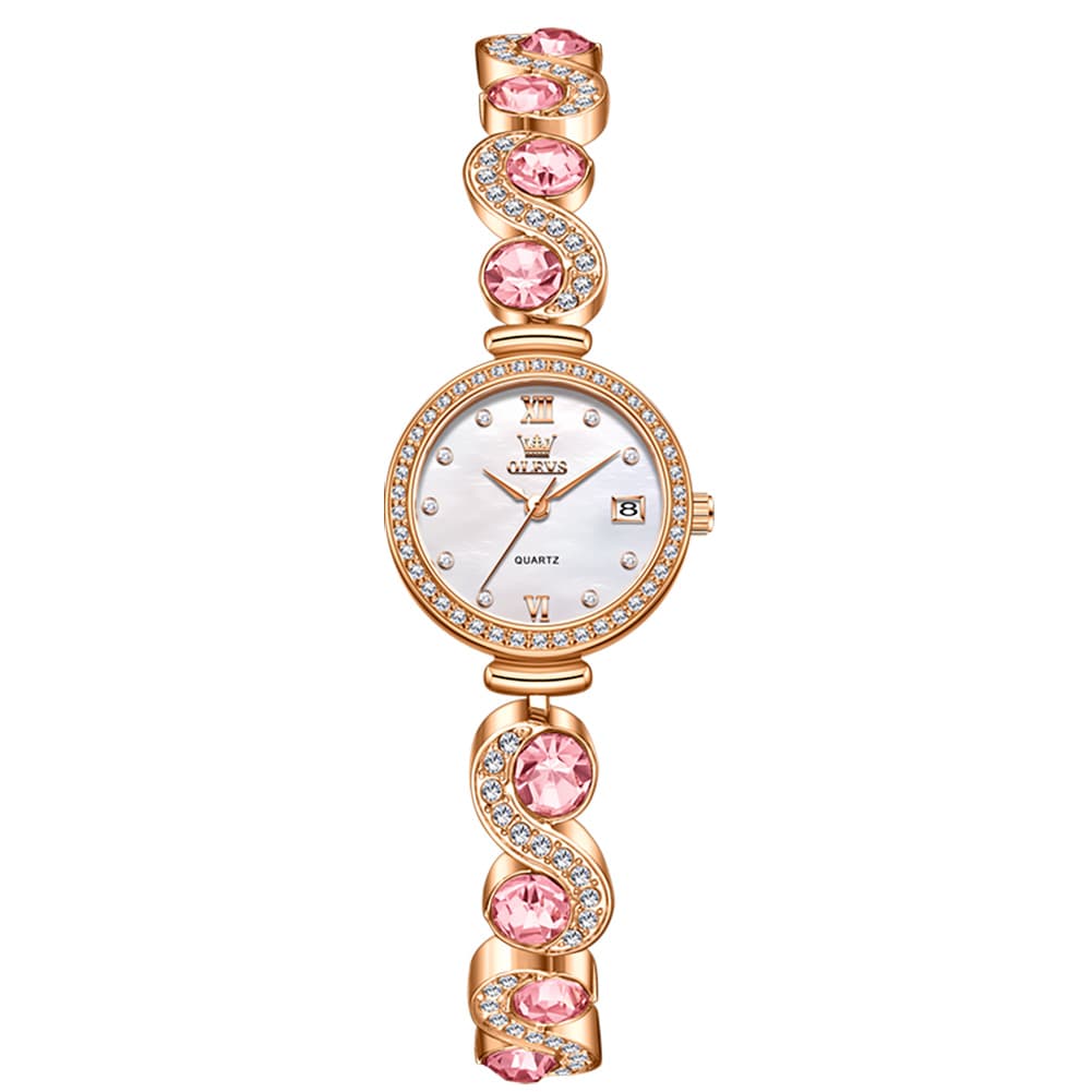 OLEVS Women Jewelry Bracelet Watch Pink Diamond Mother of Pearl Date Quartz 5633