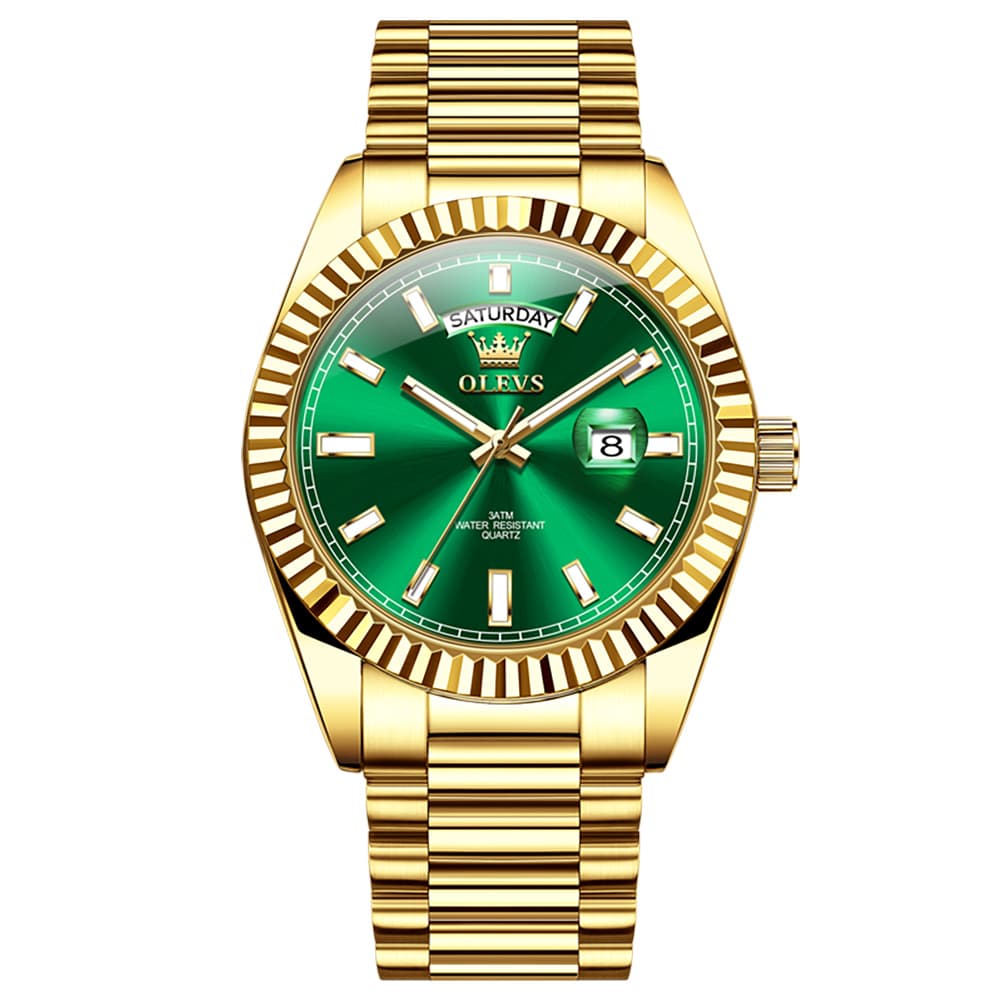 OLEVS 5650 Fluted Bezel Day Date Watch Stainless Steel Quartz Luxury Timepiece for Men