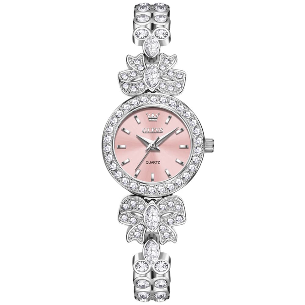 OLEVS 5887 Bow Knot Diamond Bracelet Watch Silver Zirconia Quartz Jewelry Timepiece for Women