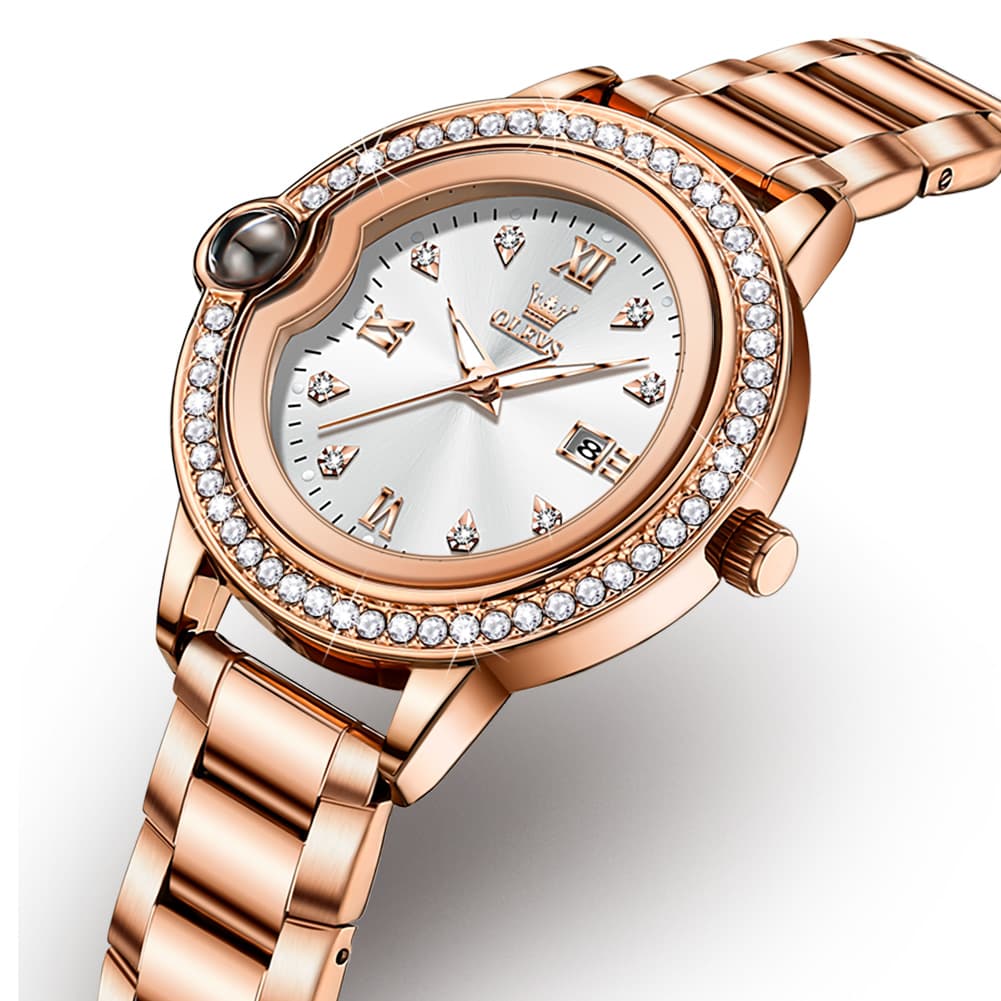 OLEVS Women Diamond Bezel Watch Cabochon Crown Rose Gold Quartz Date 5588