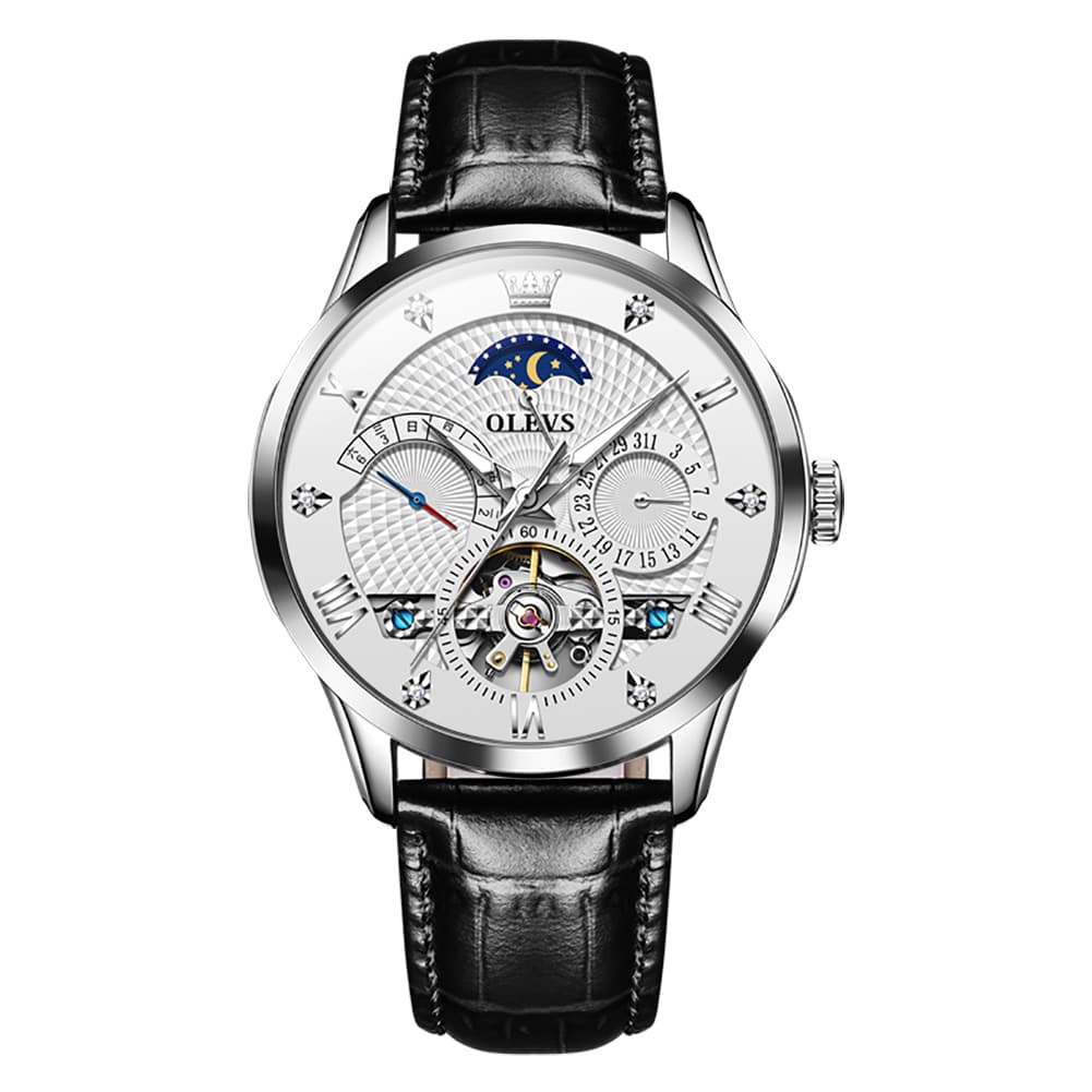 OLEVS 6652 Leather Mechanical Moon Phase Watch for Men