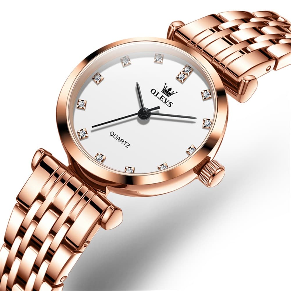 OLEVS Couple Watch Faceted Crystal Diamond Marker Stainless Steel Quartz 5596