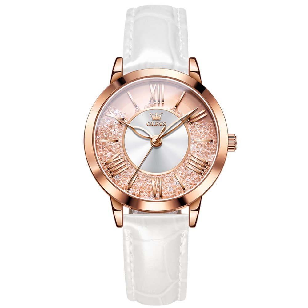 OLEVS Flowing Quicksand Crystal Dress Watch for Women Leather Strap 5539
