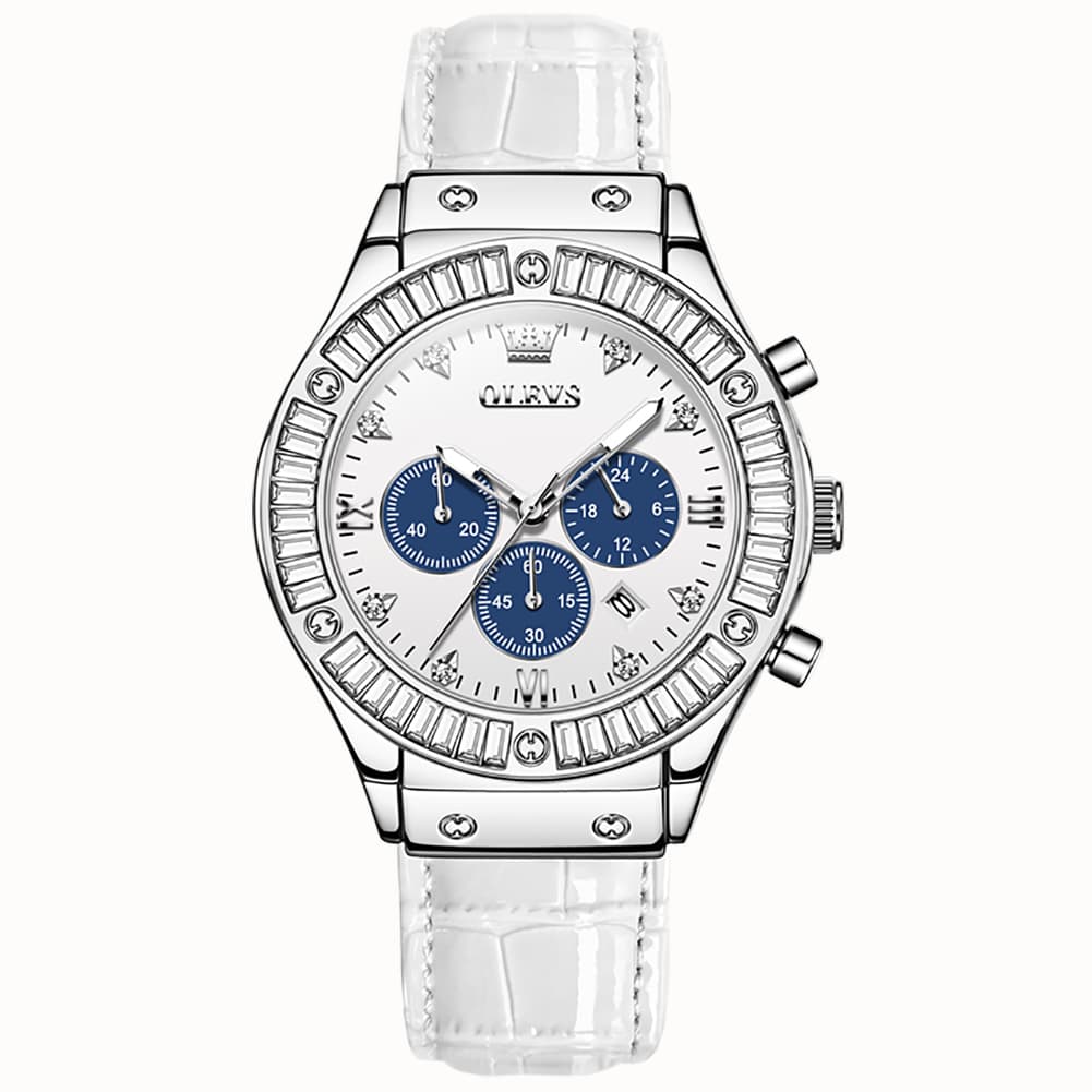 OLEVS 9978 Diamond Bezel Chronograph Leather Watch for Women