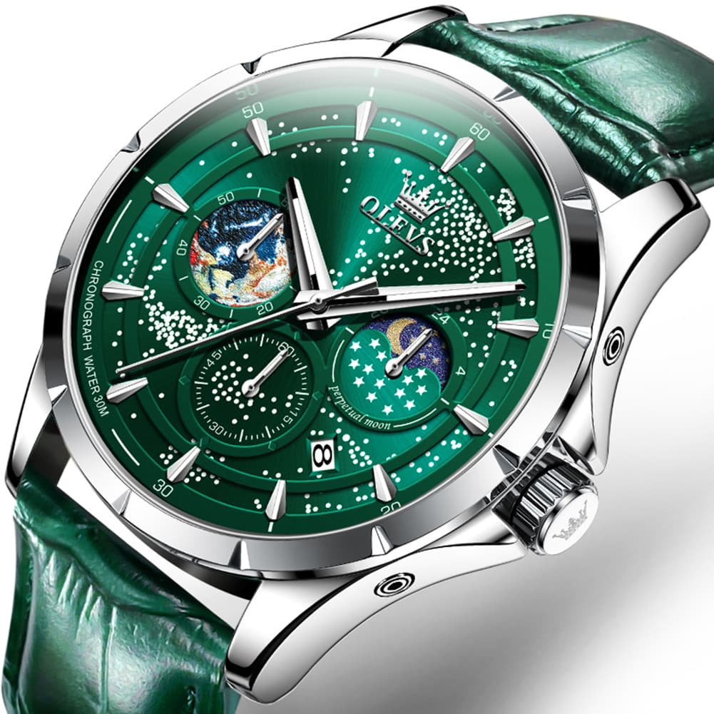 OLEVS Starry Sky Moon Phase Watch Leather Strap for Men 5538