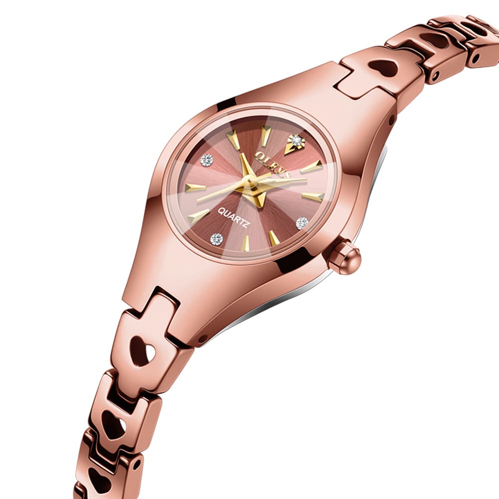 OLEVS 7082 Tungsten Steel Watch Dainty Heart Link Faceted Bracelet Diamond Accent Quartz Timepiece for Women