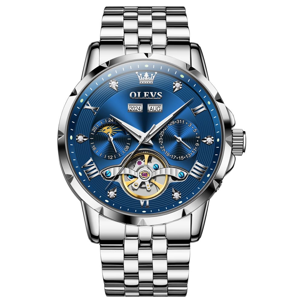 OLEVS 6691 Automatic Moon Phase Skeleton Steel Watch for Men