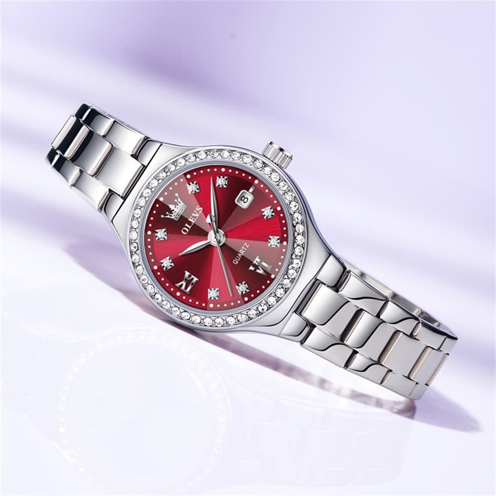 OLEVS Women Diamond Bezel Watch Petite Pastel Sunray Silver Stainless Steel Date Quartz 5628