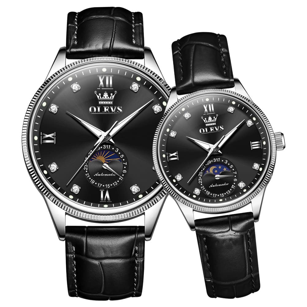 OLEVS 7039 Leather Moon Phase Couples Watch Set