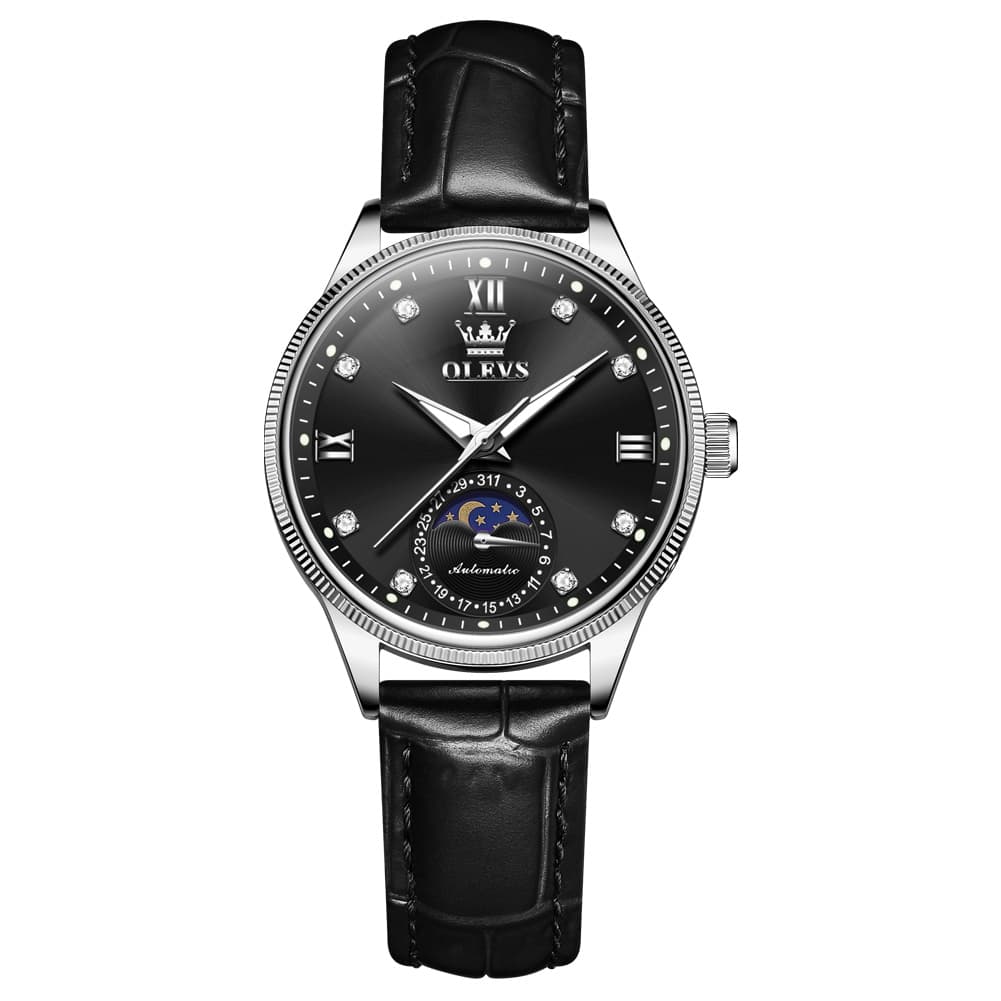 OLEVS 7039 Leather Moon Phase Mechanical Watch For Women