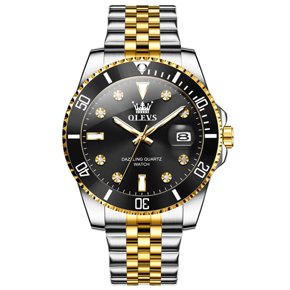 OLEVS 9809 Rotating Bezel Diamond Dial Stainless Steel Quartz Watch for Men