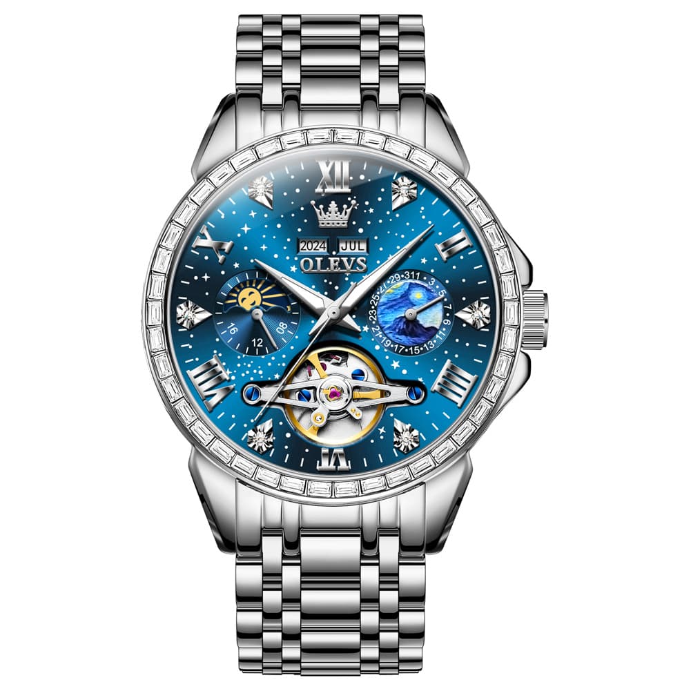 OLEVS 6712 Diamond Bezel Starry Moon Phase Calendar Mechanical Watch For Men