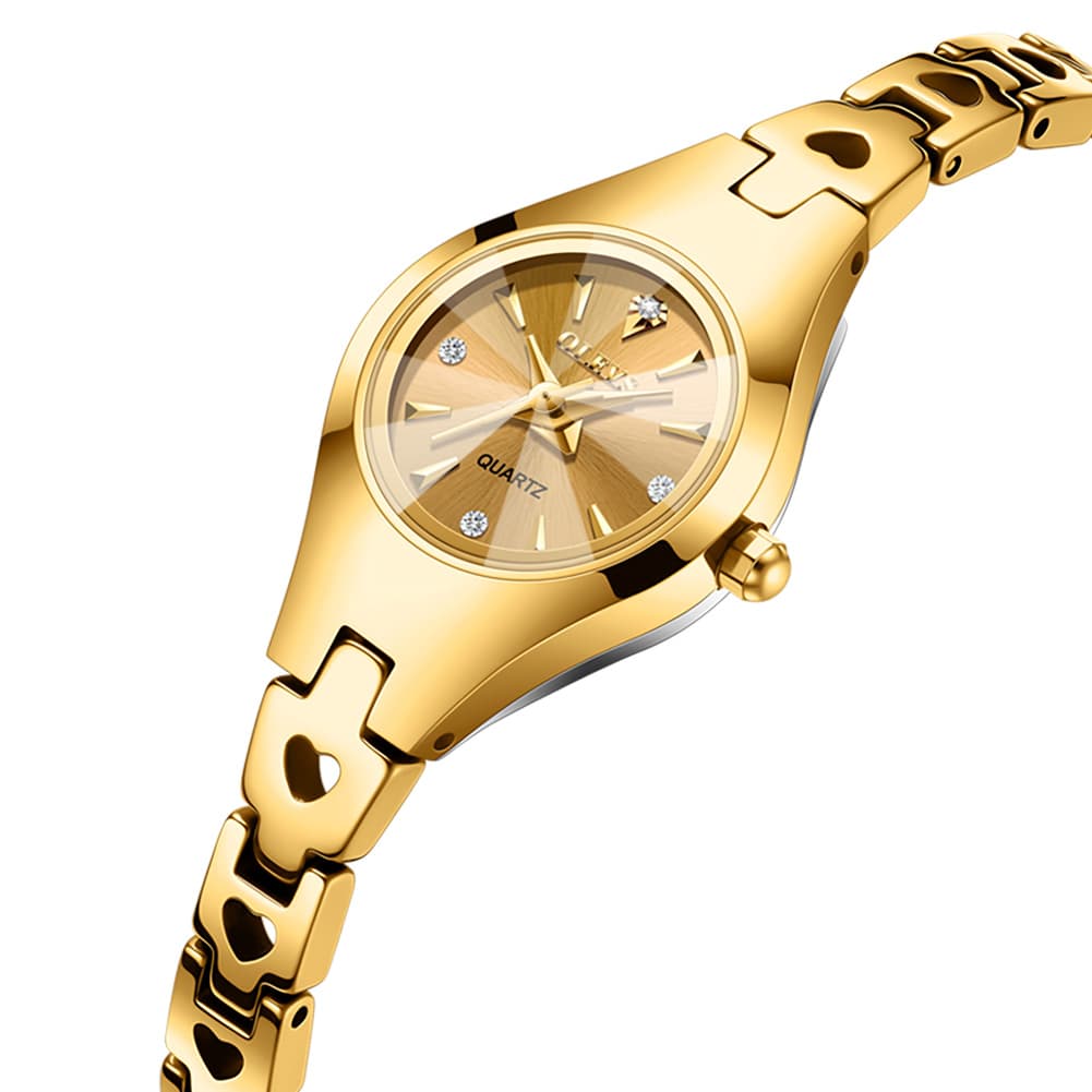 OLEVS 7082 Tungsten Steel Watch Dainty Heart Link Faceted Bracelet Diamond Accent Quartz Timepiece for Women
