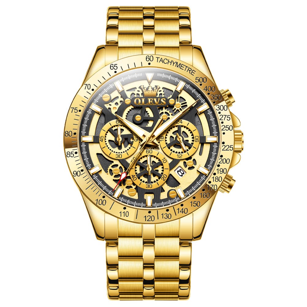 OLEVS 9913 Skeleton Dial Chronograph Gold Quartz Watch for Men