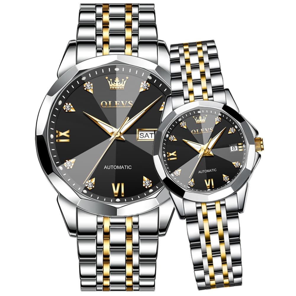OLEVS Couple Watches 3D Diamond Cut Mirror Automatic Watch 9982 Steel Band for His and Hers