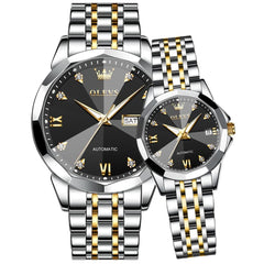 OLEVS Couple Watches 3D Diamond Cut Mirror Automatic Watch 9982 Steel Band for His and Hers
