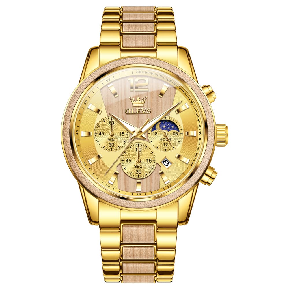 OLEVS 3645 Solid Wood & Steel Chronograph Quartz Watch for Men