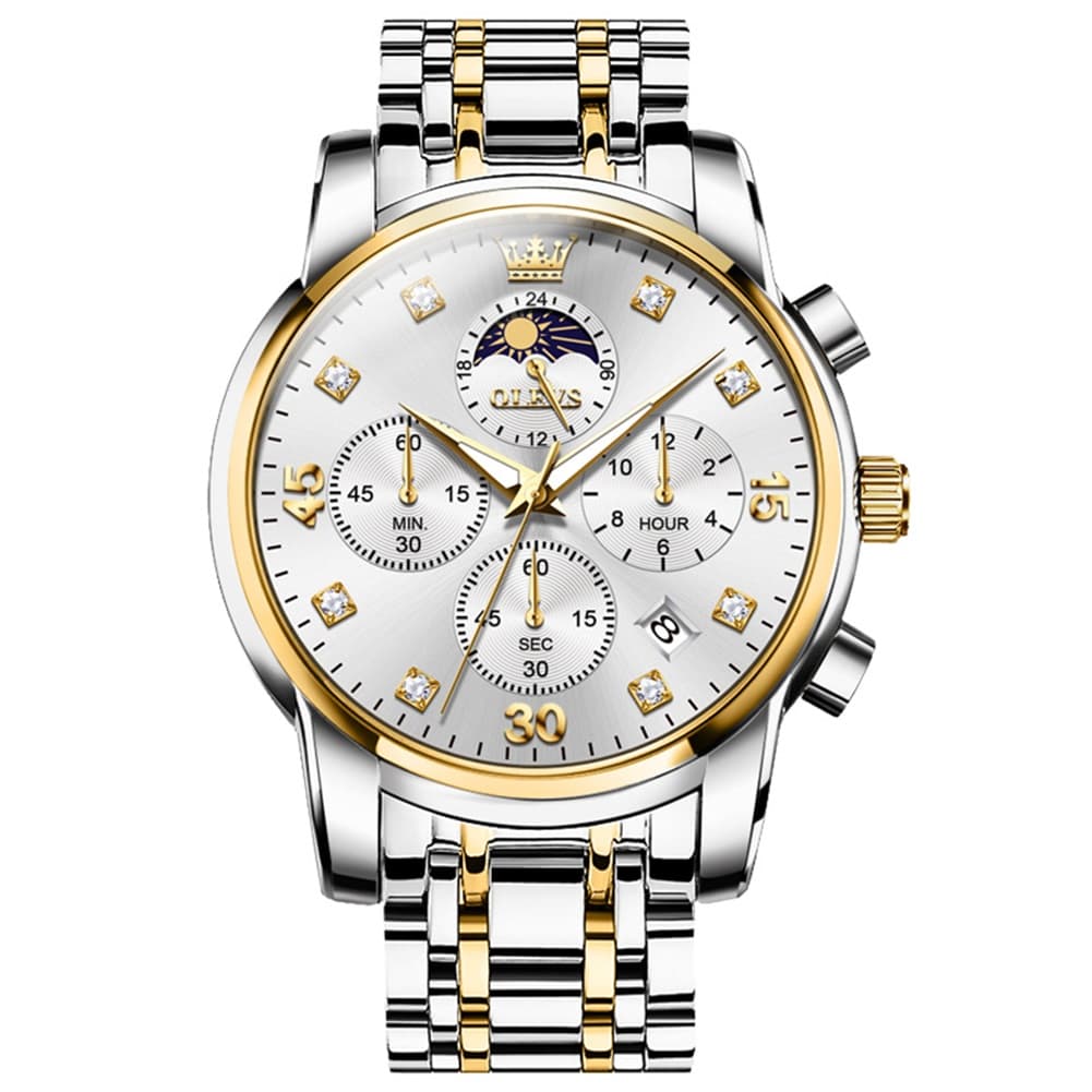 OLEVS 3652 Chronograph Moon Phase Diamond Dial Stainless Steel Watch For Men