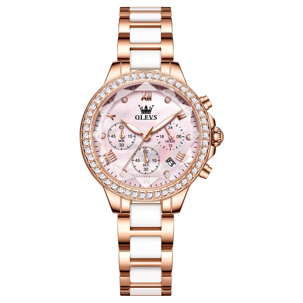 OLEVS 9999 Diamond Bezel Chronograph Ceramic Watch for Women