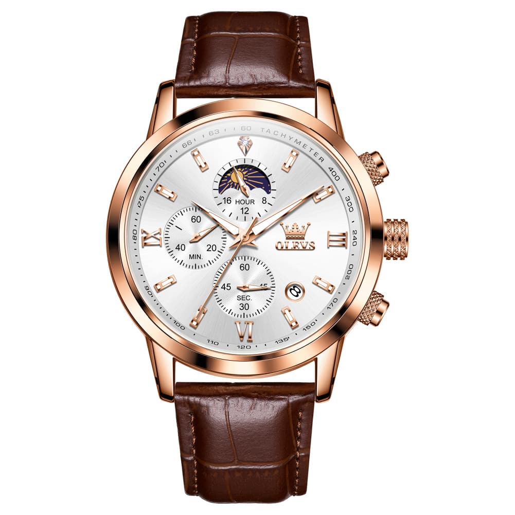OLEVS 9812 Moon Phase Chronograph Leather Watch for Men