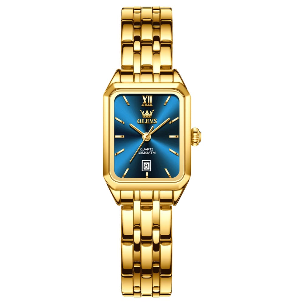 OLEVS Women Square Dress Watch Retro Gold Stainless Steel Date Quartz 5616