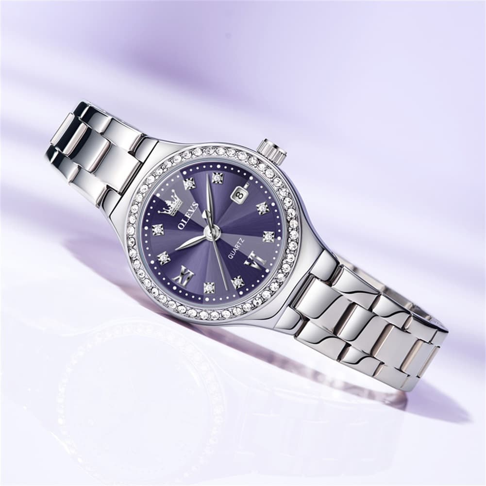 OLEVS Women Diamond Bezel Watch Petite Pastel Sunray Silver Stainless Steel Date Quartz 5628