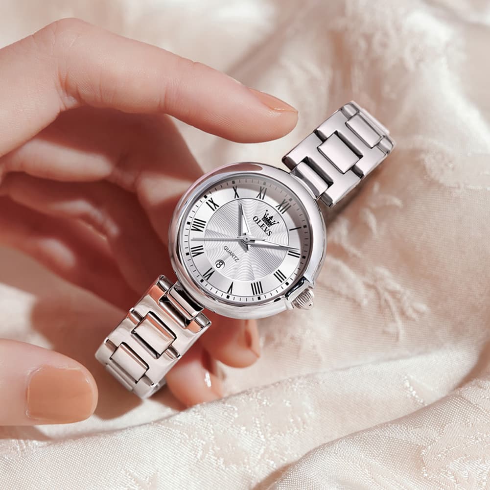OLEVS Women Roman Numeral Dress Watch Sunray Dial Stainless Steel Date Quartz 5608