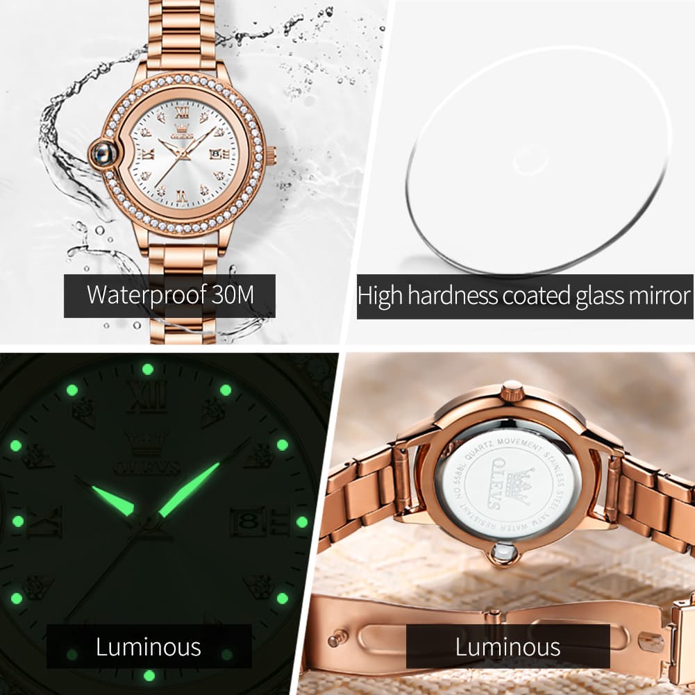 OLEVS Women Diamond Bezel Watch Cabochon Crown Rose Gold Quartz Date 5588