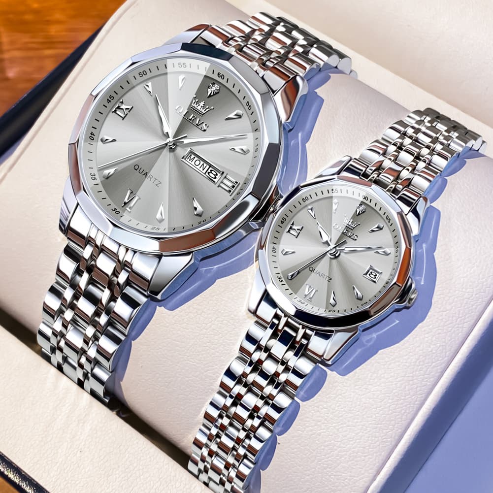 OLEVS 9998 Diamond Cut Glass Couple Dress Watch for Men and Women