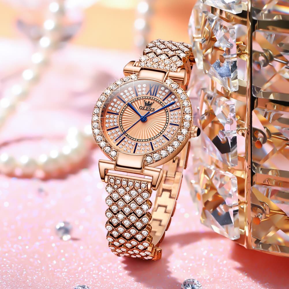 OLEVS 9942 Diamond Set Bracelet Rose Gold Watch for Women