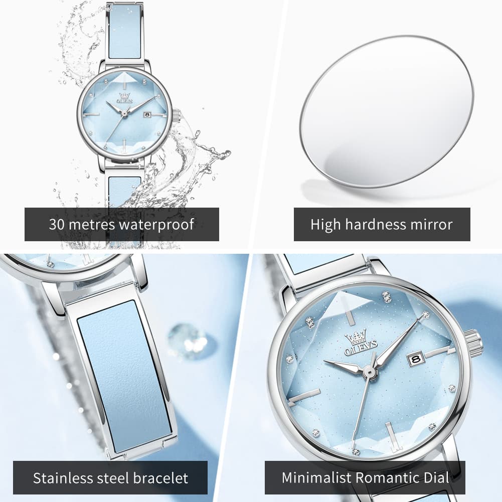 OLEVS 5656 Diamond Cut Faceted Crystal Quartz Watch Leather or Steel Bracelet Elegant Dress Timepiece for Women