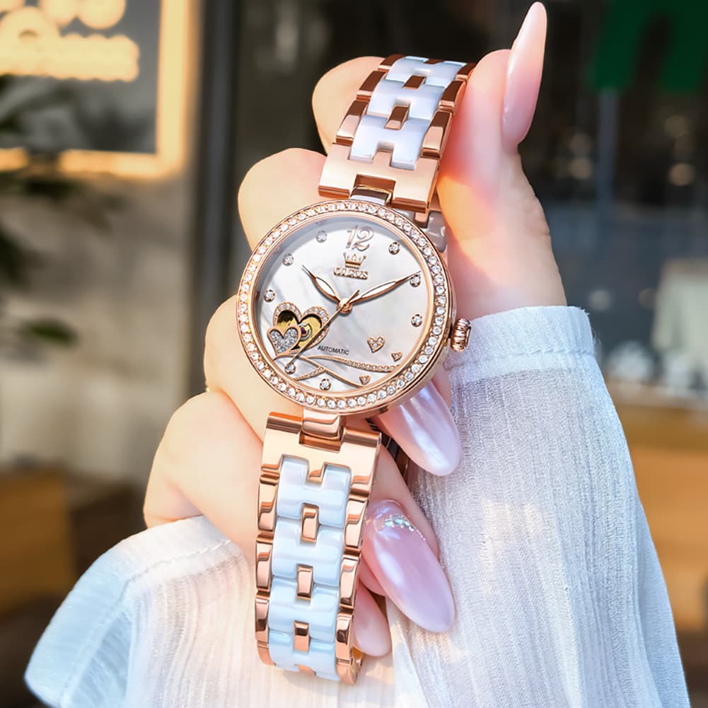 OLEVS 7086 Ceramic Heart Open Heart Automatic Watch For Women