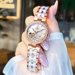 OLEVS 7086 Ceramic Heart Open Heart Automatic Watch For Women