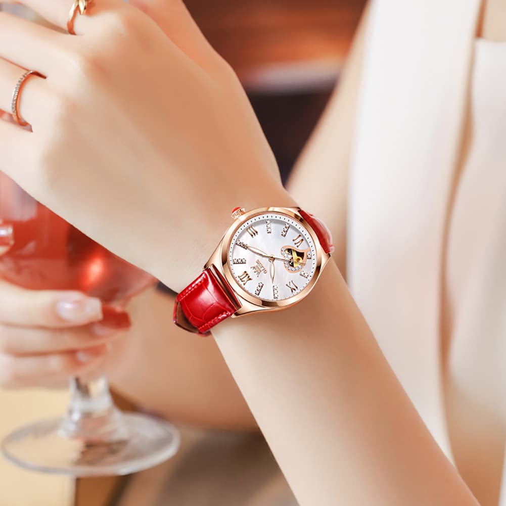 OLEVS 6636 Leather Skeleton Mechanical Watch for Women