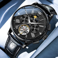 OLEVS Moon Phase Open Heart Automatic Mechanical Watch 9912 Leather Strap for Men